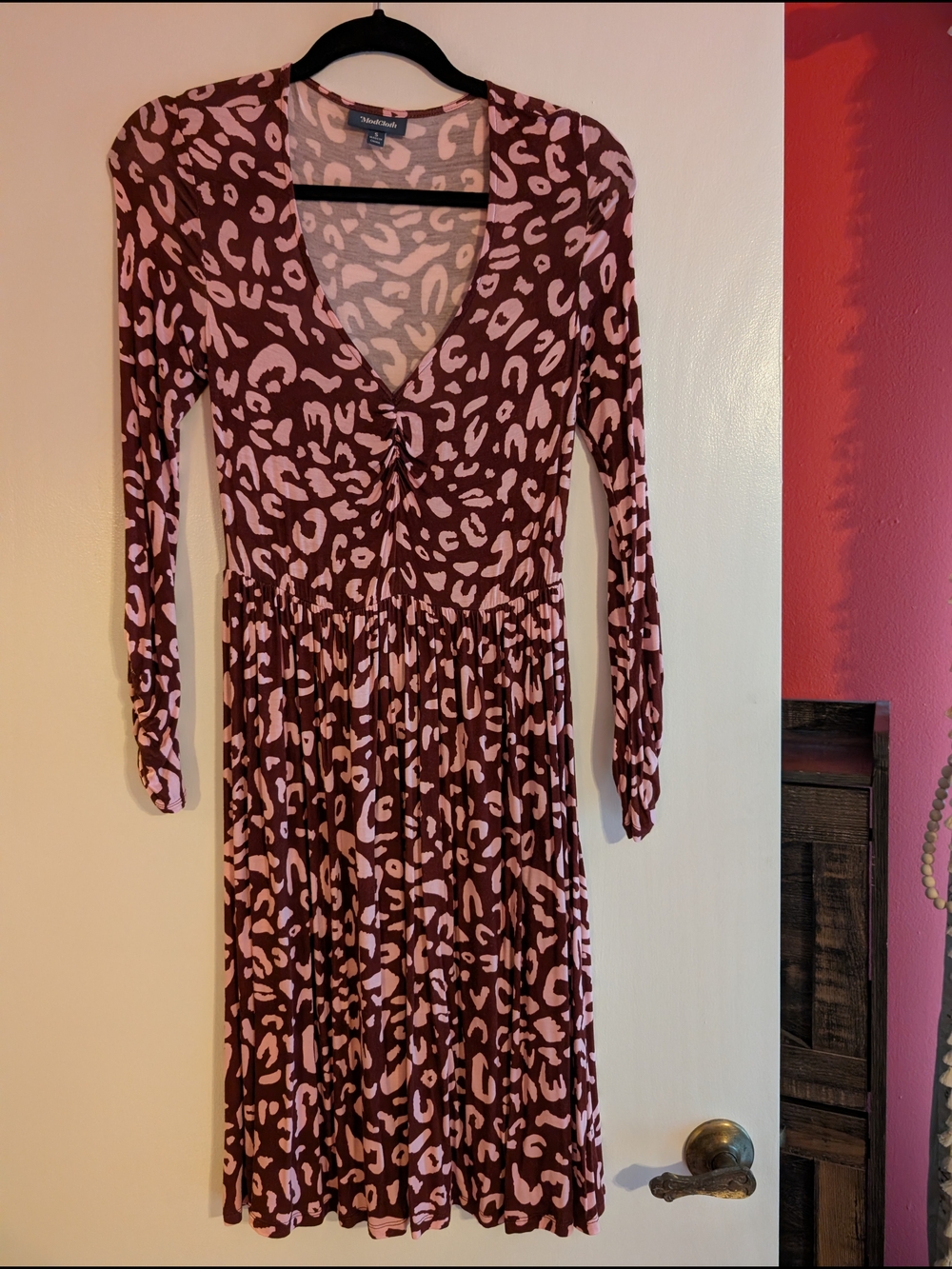 ModCloth Pink and Burgundy Long Sleeve V-Neck Animal Print Dress